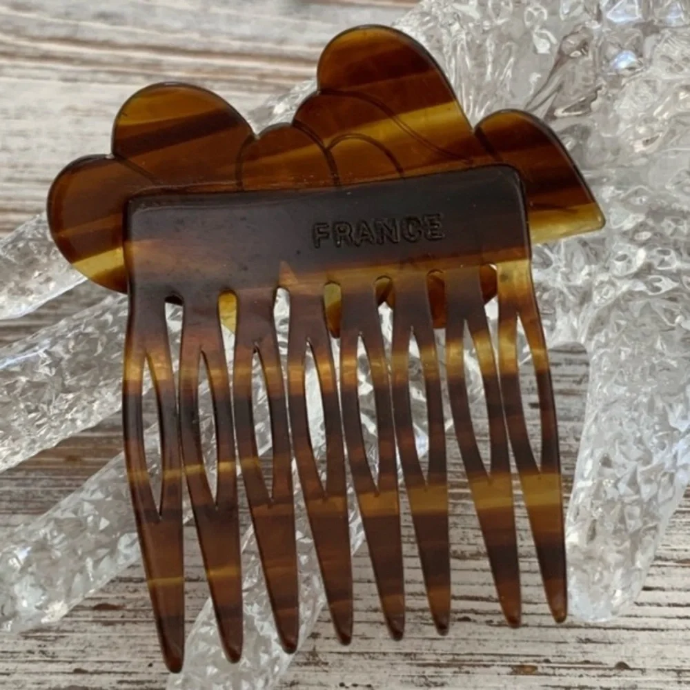 Vintage Signed France Faux Carved Tortoise Shell Celluloid Designer Hair Comb